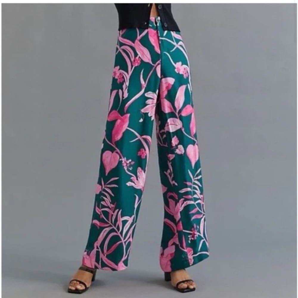 Anthropologie Tropical Floral Breezy Print Wide Leg Pants Green Pink Size 2 - Picture 3 of 13